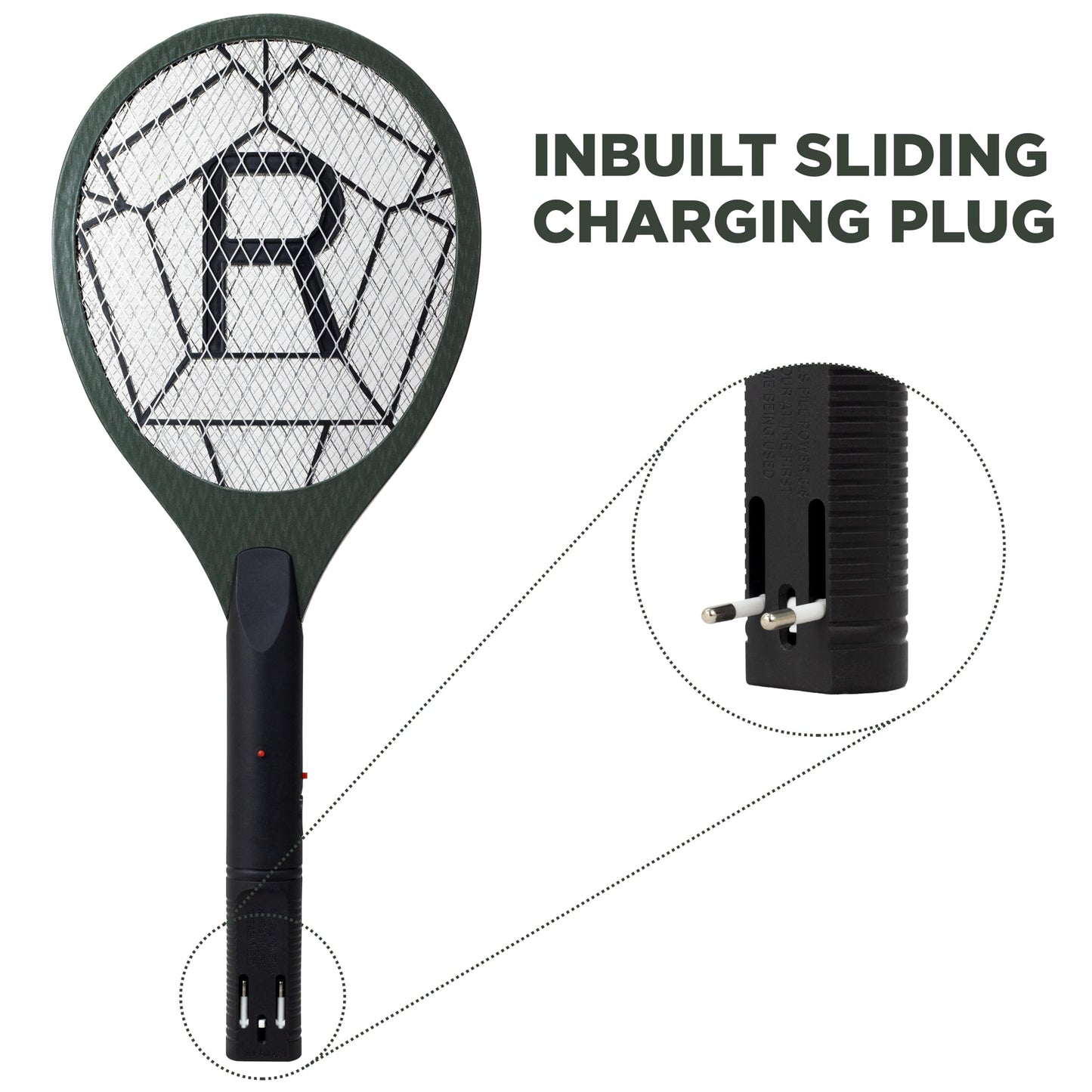 Weird Wolf Heavy Duty Mosquito Racket Bat | Rechargeable Electric Fly Swatter | Mosquito Killer Racquet with 2 Pin Plug and 3 Months Warranty (Dark Green)