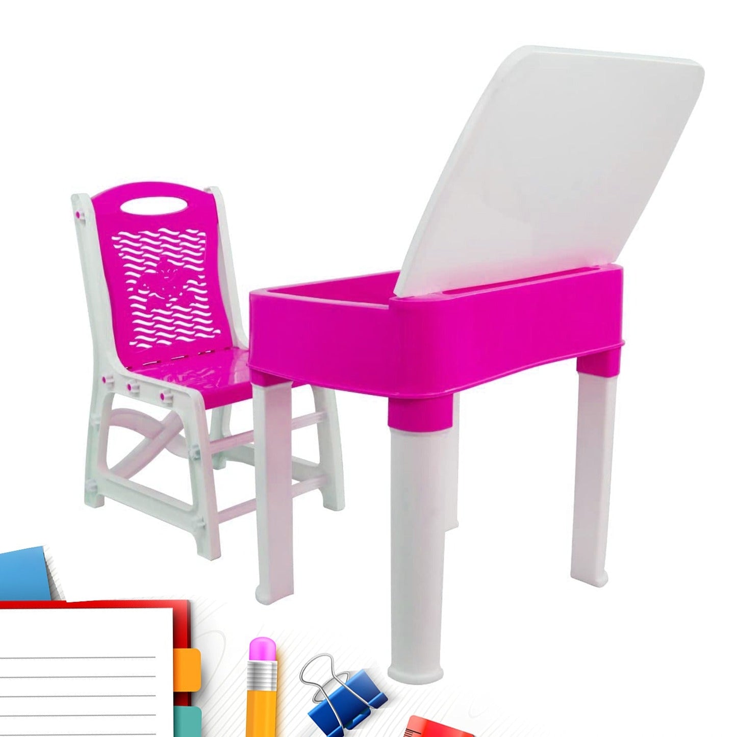 Study Table And Chair Set For Boys And Girls With Small Box Space For Pencils Plastic High Quality Study Table (Pink)