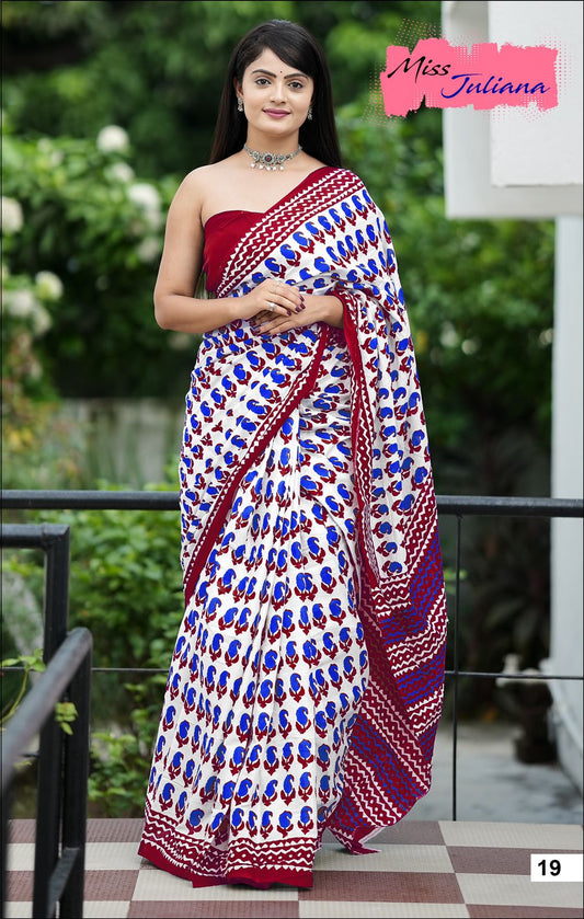 Bagru Block Print Cotton Mulmul Sarees