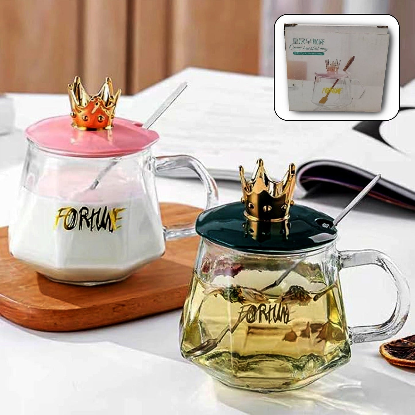 Tea-Coffee Mug Golden Crown Shape and Stainless Spoon, Glass Cup With Hand, Milk, Chocolate and Beverage, Tea and Water, Clear Drinking Cups (1 Pc)